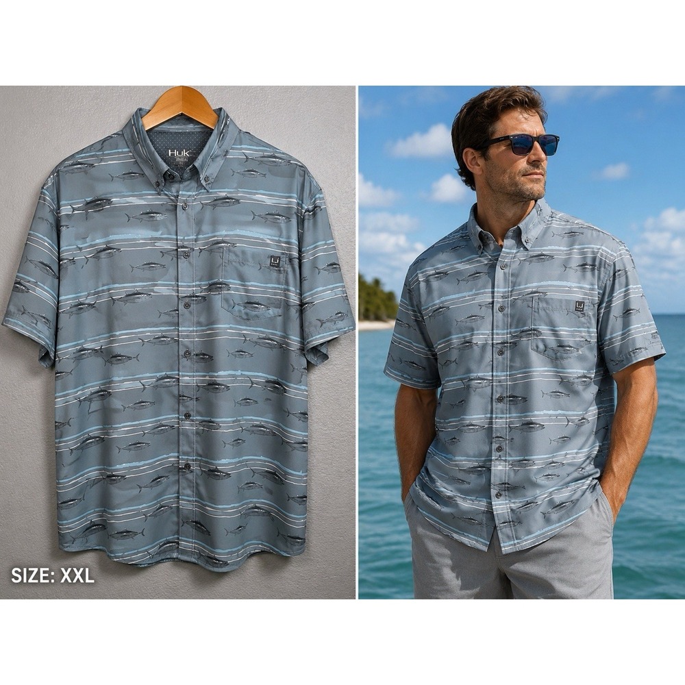 Huk Fishing Button Down Shirt Mens 2XL Gray AOP Fish Print Performance Sporty